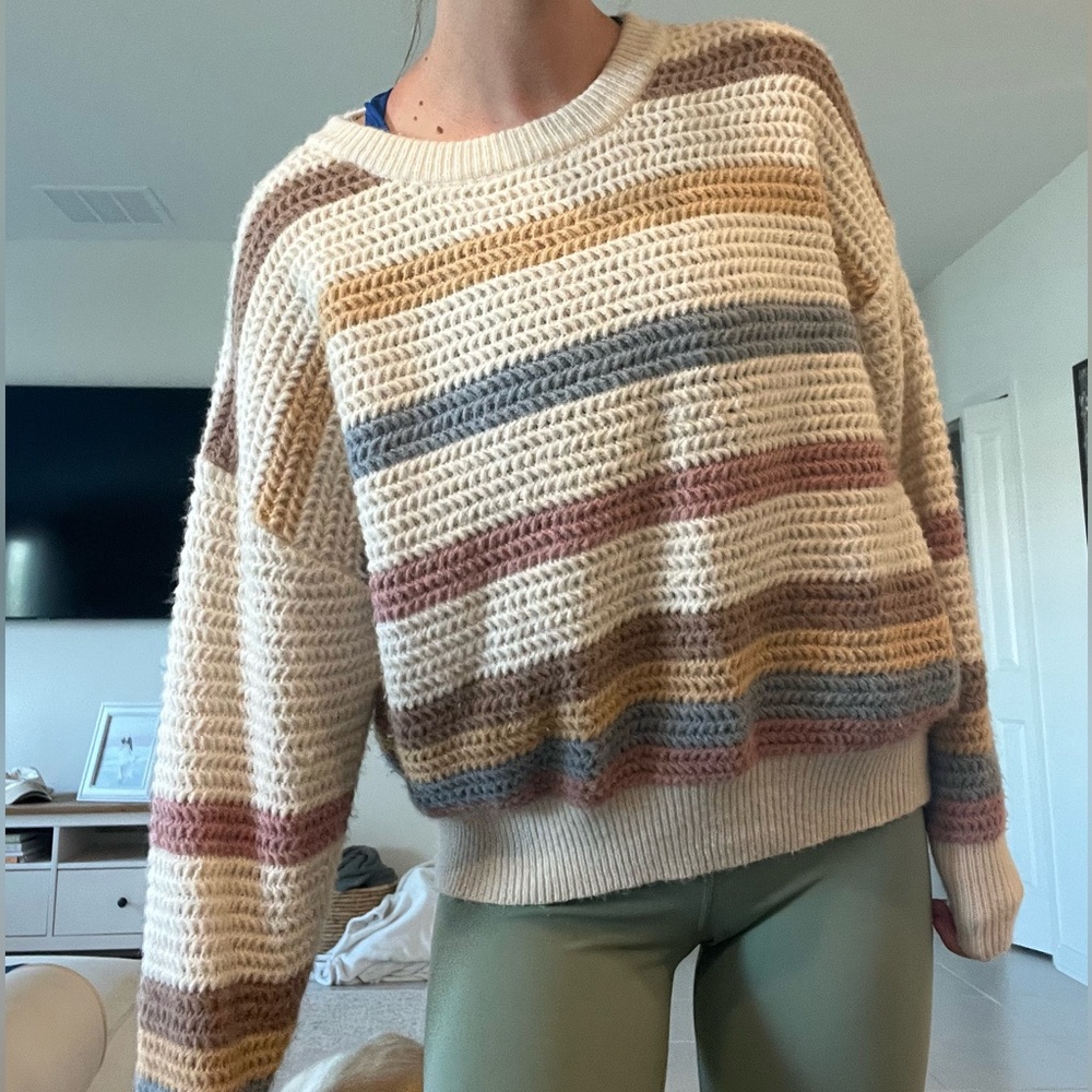 Cozy Striped Crochet Crewneck Sweater - Cream Multicolor